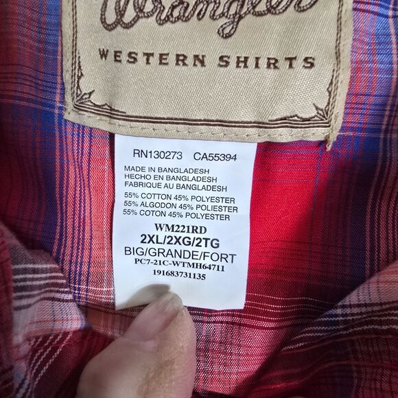 Wrangler Men's‎ 2XL Pearl Snap Shirt Red Plaid Western Short Sleeves - Picture 5 of 6